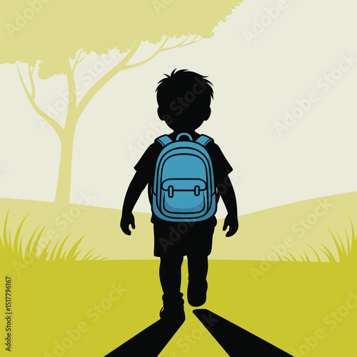Silhouette of a child walking towards school wearing a backpack representing education and learning with nature in the background