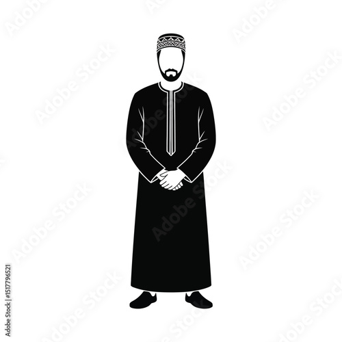 Vector illustration of an arab man standing frontally wearing traditional arab attire and kufi with a simple minimalist monochrome aesthetic