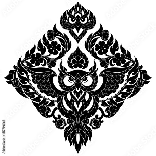 Ornate Thai Owl Motif Perfect for tattoo designs, elaborate wall art, apparel printing, luxury branding
