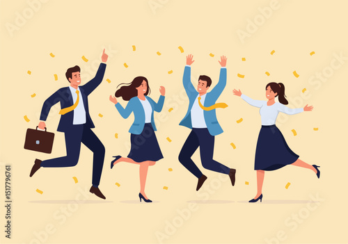 Flat vector illustration of four cartoon-style adults jumping and celebrating amid falling yellow confetti. All wear business attire, symbolizing success, teamwork, and joyful achievement.