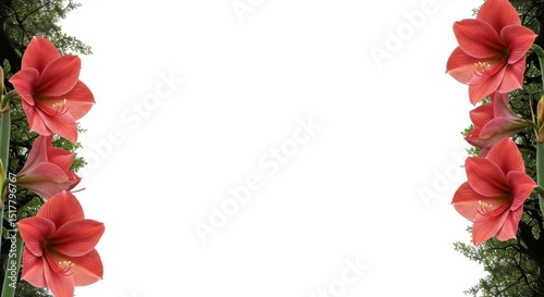 Elegant Amaryllis Blossom Frame with Lush Greenery Accents and Blank Space