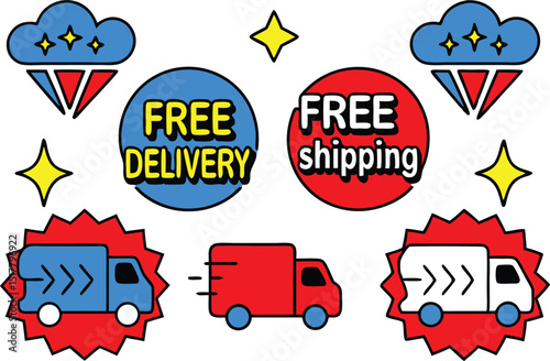 Bright and Bold Cartoon Illustrations for Free Delivery and Shipping Promotions for E-Commerce.