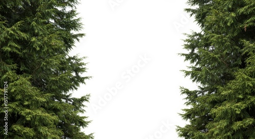 Lush Evergreen Trees Frame a Pure White Space, Creating a Natural Portal