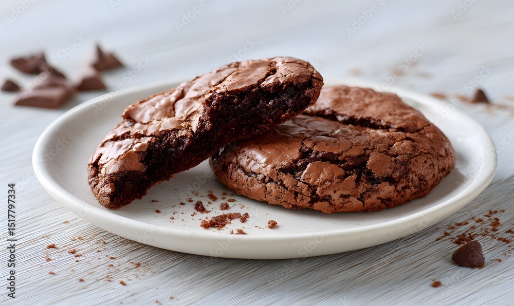 chocolate brownie cookie broken in half to reveal the soft chocolatey interior, beautifully arranged on a matt white plate, Generative AI chocolate brownie cookie broken in half to reveal the soft chocolatey interior, beautifully arranged on a matt white plate, Generative AI