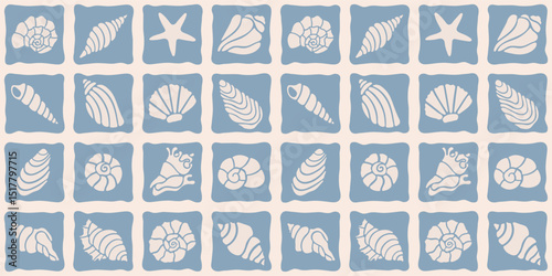 Seamless marine pattern in linocut, mosaic style. Hand drawn simple seashells. Vector summer print