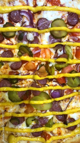 The pizza is spinning. The pizza background is colored. Fast food is delicious.