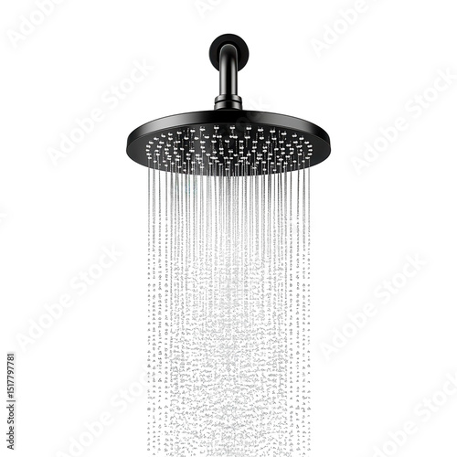 A refreshing cascade from a sleek black rainfall shower head offering a on transparent background