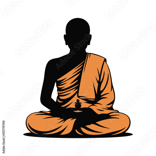 Silhouette of a meditating buddhist monk in orange robes set against a white background symbolizing peace spirituality and meditation