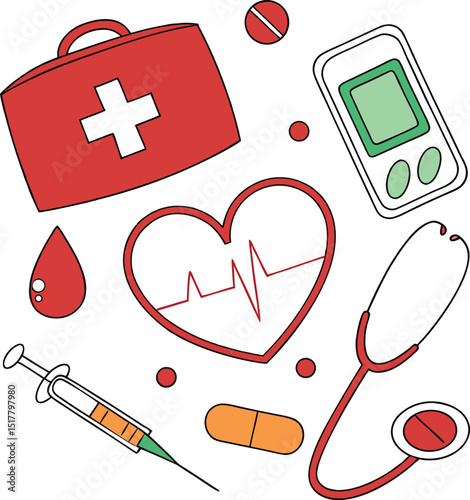 Medical Equipment Icons: First Aid Kit, Heart Rate, Stethoscope, and More.