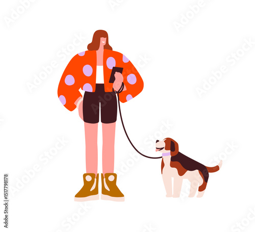 Woman walking dog on leash. Young modern style female holding mobile phone, strolling with cute puppy. Fashion girl with smartphone and pup. Flat vector illustration isolated on white background