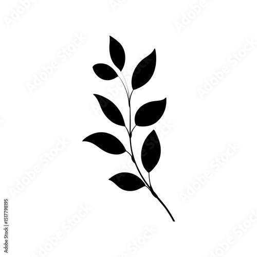 A simple, black silhouette of a plant branch with several leaves is positioned against a white background