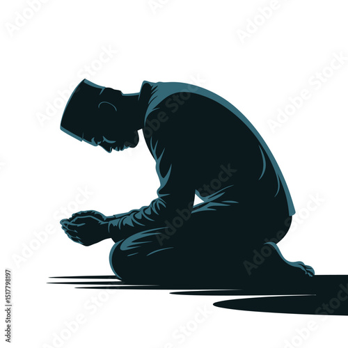 Silhouette of a muslim man praying in humble devotion on a white background reflecting faith and islamic practices