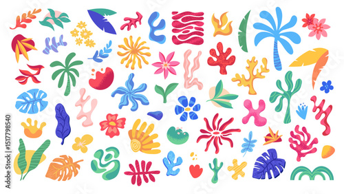 Set of brightly colored tropical elements. Flat leaves, flowers, exotic branches. Vector graphic elements