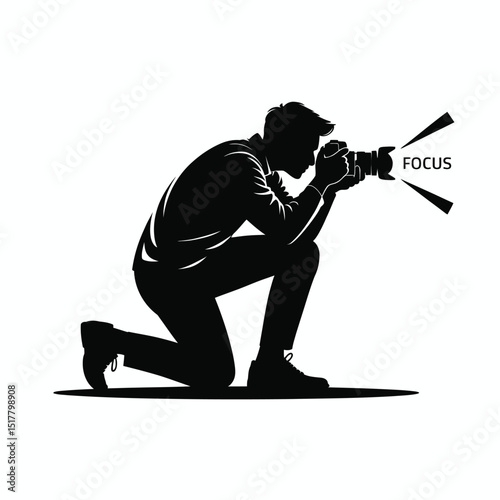 Silhouette photographer kneeling and focused capturing an image with camera depicting the art of photography and creativity against a white background