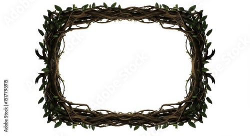 Woven Vines and Leaves Frame, Isolated on White Backdrop for Creative Compositions