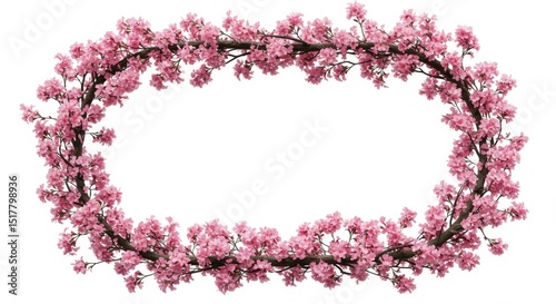 Floral Frame of Pink Blossom Branches Against White Backdrop