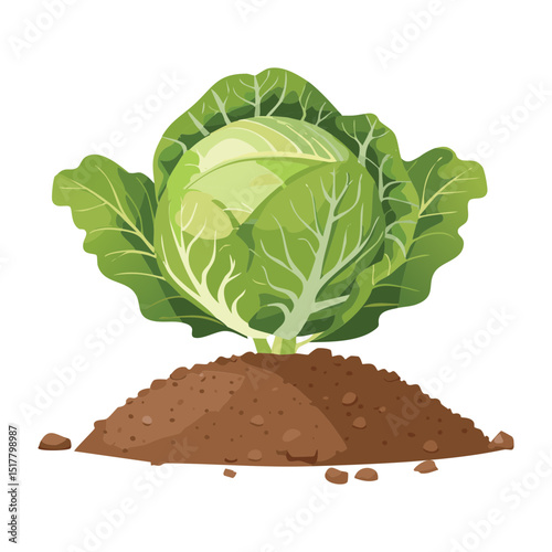 Fresh Green Cabbage Head in Soil