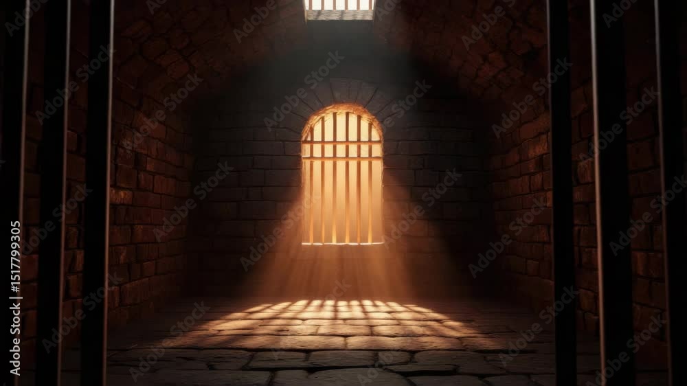 Sunlight streams through barred window into dark stone prison cell, casting dramatic shadows and moody atmosphere as sunlight and shadow interplay stone walls, bars, and floor dramatic, somber