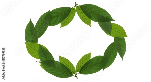 Green leaves frame on white background, botanical oval arrangement design