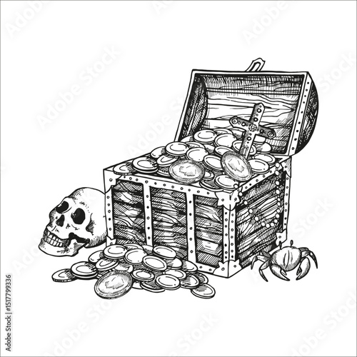 hand drawn vector textured wooden full treasure chest with lid open, coins, gold, jewels at bottom of sea, pirate loot, skull, crab, black and white sketch, adventure, history monochrome illustration