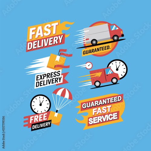 Delivery Service Icons Set Featuring Fast, Express, and Free Shipping on a Blue Background.