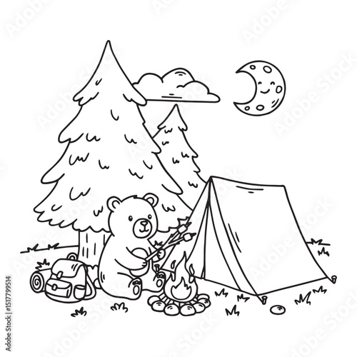 Camping with bear and tent. Vector illustration in doodle style.