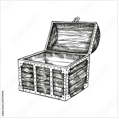 hand drawn vector textured wooden empty chest with lid open, box for treasure at bottom of sea, pirate loot, black and white sketch, adventure, history monochrome illustration