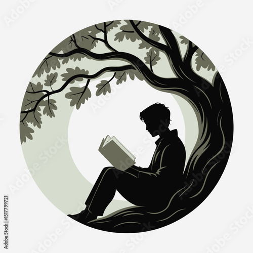 Silhouette of a person reading under a tree within a circular design representing relaxation and the quiet enjoyment of literature