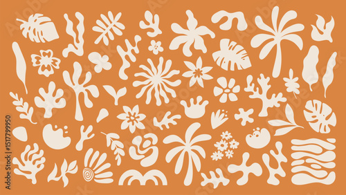 Set of simple hand drawn elements. Retro elements for graphic design, tropical leaves, flowers and shape in linocut style