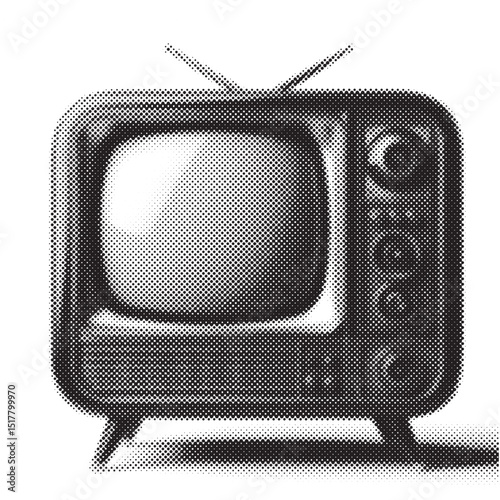Hand drawn comic retro TV with halftone and dots. Retro halftone collage element. Vector illustration of grunge art templates