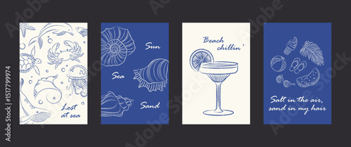 Set of minimalistic marine posters with positive captions. Postcards, interior posters with sea animals, shells, beach elements. Vector print templates