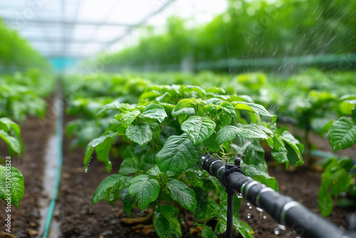 Green Pepper Plants Growing in Greenhouse with Watering System, Ai-powered irrigation system optimizes.