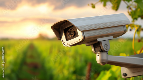 Security Camera Outdoor Surveillance Device in Natural Setting at Sunset, AI-powered precision farming camera.