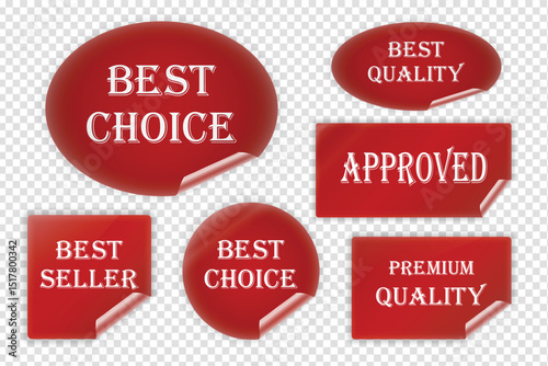 Red and white Best Choice, Best Seller, Approved, Best Quality and Premium Quality labels (stickers) with wrinkled edges, vector (EPS) illustration, adhesive labels set