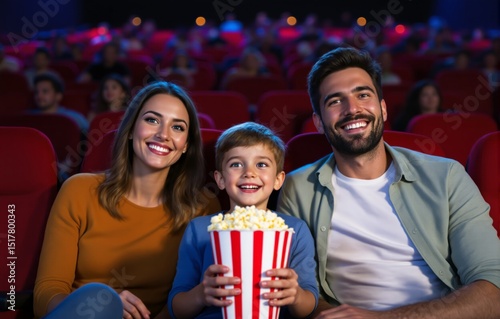 Smiling family with child enjoying popcorn in movie theater, vibrant colorful style, indoor red seat background, concept of fun and togetherness. Ai generative
