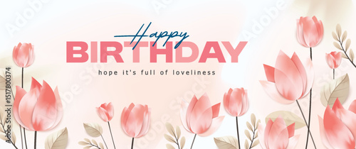 Happy Birthday celebration typography design abstract art background vector. Luxury minimal style wallpaper with golden line art flower and botanical leaves, watercolor. Vector background
