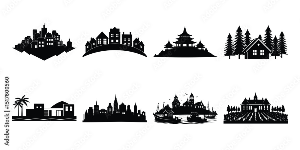 Obraz premium Urban and Cultural Building Silhouettes for Graphic Design