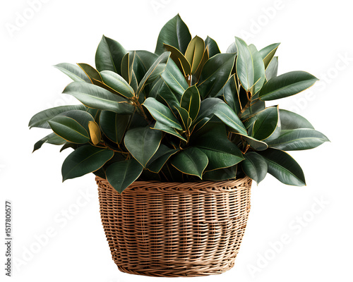  A fed male rubber plant in a rattan basket, isolated on a transparent background,