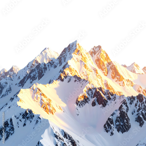 Snow-covered mountain peaks bathed in warm golden sunlight, showcasing rugged rocky slopes and smooth snowfields with sharp ridges and dramatic elevation