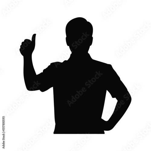 Black silhouette of a man giving thumbs up sign a gesture of approval and positive reinforcement on white background