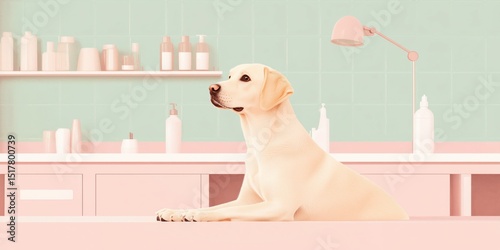 Stylized illustration of a Labrador dog sitting calmly on a grooming salon table. Minimal pastel interior with beauty products and soft lighting creates a clean, modern pet care scene..