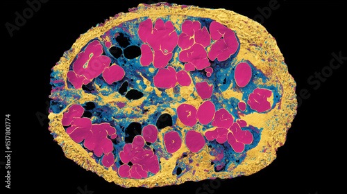 Colorful Microscopic Cross Section of Biological Tissue with Pink and Blue Cells