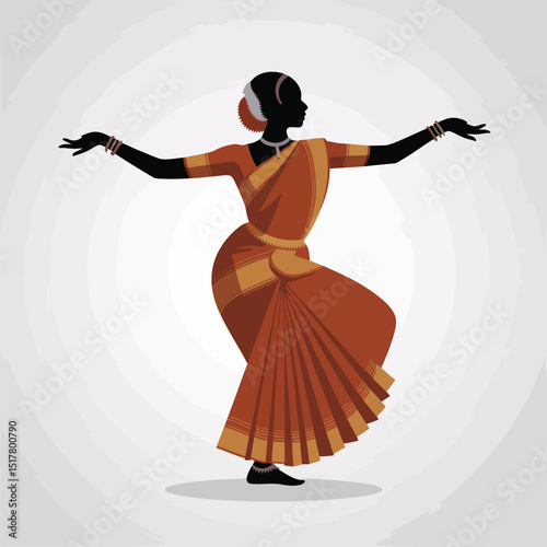 Elegant silhouette of an indian dancer gracefully performing a traditional classical dance in vibrant saree