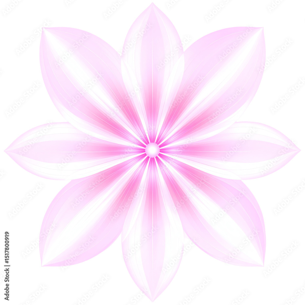 Fototapeta premium Soft pink flower with eight elongated petals radiating symmetrically from a glowing center, featuring delicate gradients and subtle striped texture