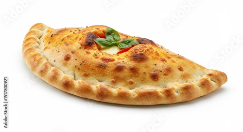 Golden baked calzone with fresh basil leaves on a clean white background