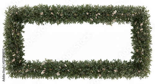 Green Foliage Frame with Delicate White Flowers on a Clean White Backdrop