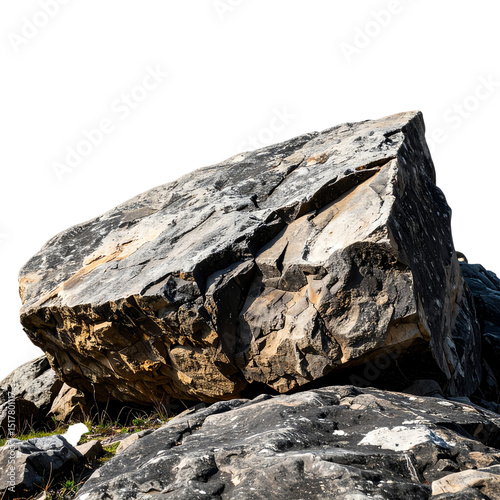 Large rugged boulder resting on rocky terrain with patches of grass, showing detailed textures and natural weathering under bright sunlight
