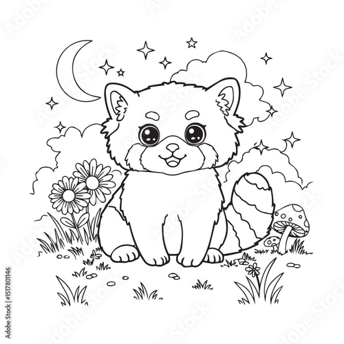 cute red panda in the field vector illustration graphic design. to colour