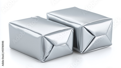 Silver Foil Wrapped Packages on White Background