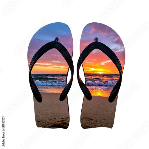 Flip-flops featuring a vivid beach sunset with ocean waves, sandy shore, and colorful sky reflected on their soles